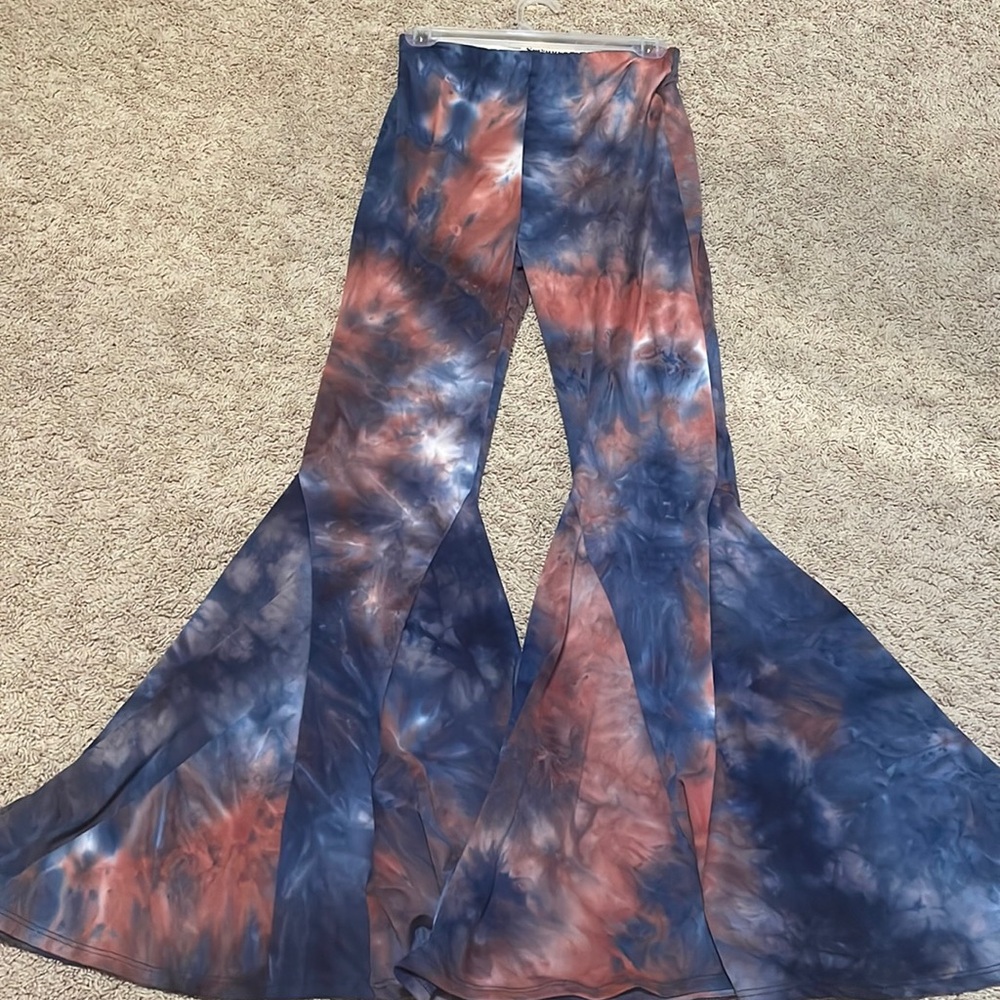 Size Small, Savanna Jane bell bottom leggings. Tie dyed, red and blue.